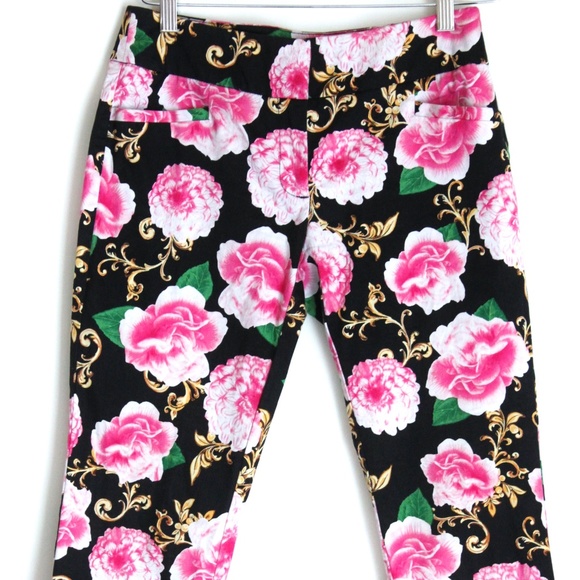 Capri's NY & Co Stretch Girlcore Pink Black Cabbage Floral Roses Career Casual - Picture 3 of 9